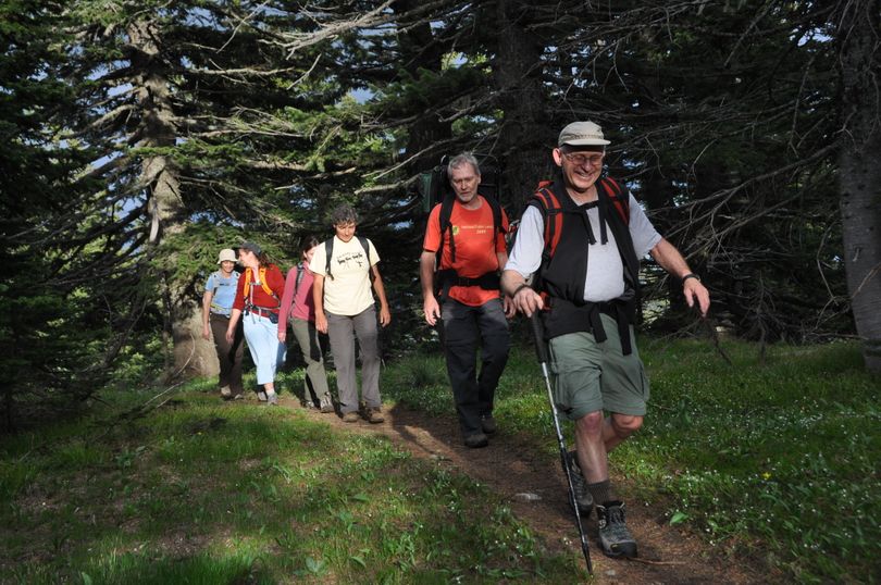 Miles Breneman leads a group of Spokane Mountaineers on a Mount Spokane trail. (Rich Landers)