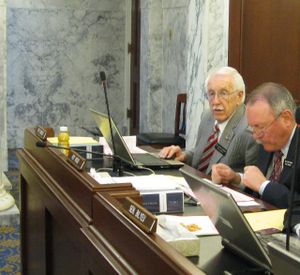 Rep. George Eskridge, R-Dover, second from right, pushed a proposal on Monday morning to try to block the state Liquor Division from opening some stores as late as 9 p.m. rather than 7 p.m., saying the later hours would just promote "party-hearty" behavior during "gettin' in trouble time." (Betsy Russell)