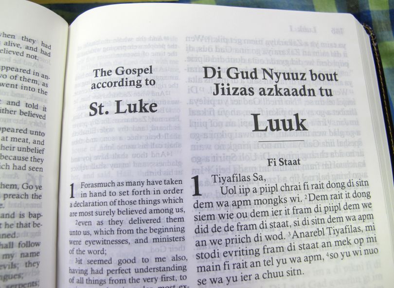 The first page of the Gospel according to St. Luke, or the “Di Gud Nyuuz bout Jiizas azkaadn tu Luuk.” (Associated Press)
