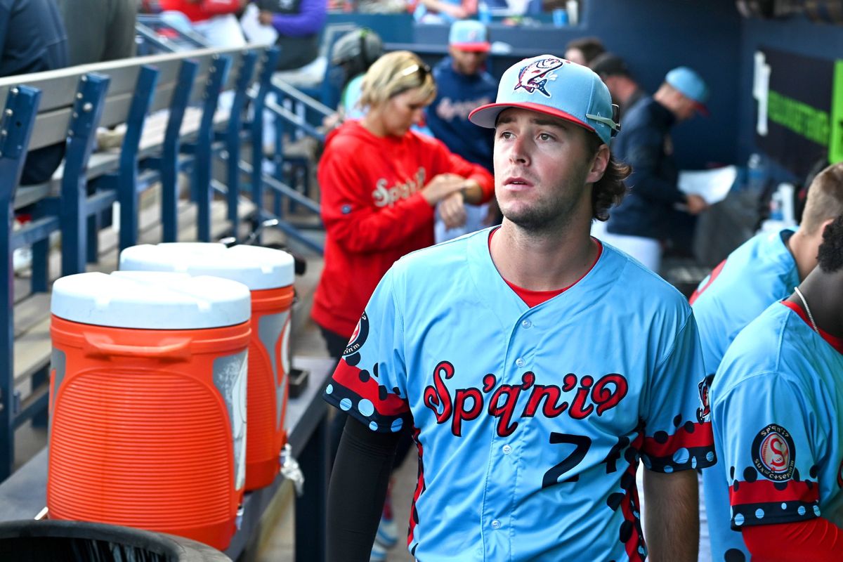 Spokane Indians outfielder Charlie Condon walks in the dugout during Wednesday’s game against the Tri-City Dust Devils at Avista Stadium.  (James Snook/Spokane Indians)