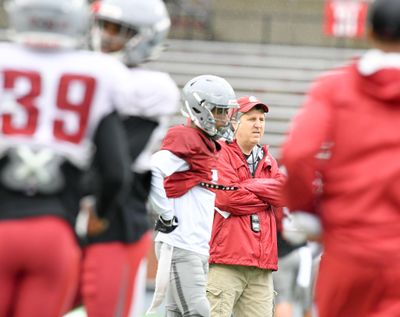 Washington State Cougars head coach Mike Leach watches his team during a spring practice on  April 5, 2018, at Martin Stadium in Pullman. (Tyler Tjomsland / The Spokesman-Review)