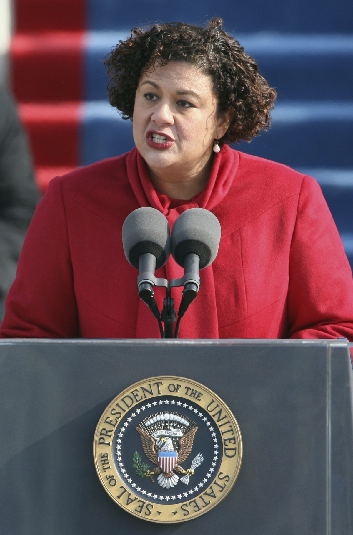 FILE - In this Jan. 20, 2009, file photo, Elizabeth Alexander recites a poem during swearing-in ceremonies at the Capitol in Washington. Alexander is the president of the Andrew W. Mellon Foundation, which announced Monday, Oct. 5, 2020, it is spending $250 million on a five-year effort called the "Monuments Project" to reimagine monuments in public spaces.  (Ron Edmonds)