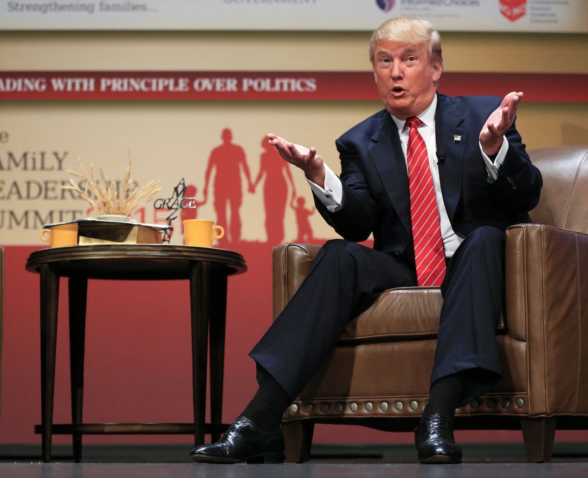 Republican presidential candidate and real estate mogul Donald Trump speaks at the Family Leadership Summit in Ames, Iowa, Saturday. (Associated Press)