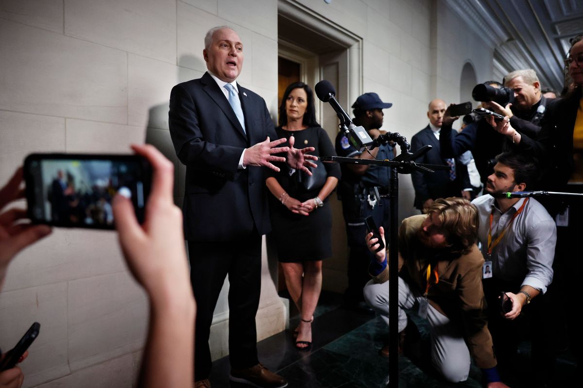 House Majority Leader Steve Scalise (R-La.) stands next to his wife, Jennifer Scalise, as he talks to reporters after the House Republican conference nominated him to be Speaker of the House at a meeting in the Longworth House Office Building on Capitol Hill on Wednesday in Washington, D.C.  (Chip Somodevilla)