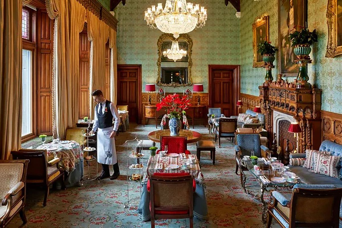 At left: Guests can enjoy a daily afternoon tea service at many castle hotels, including Ashford Castle. (Courtesy of Red Carnation Hotels)