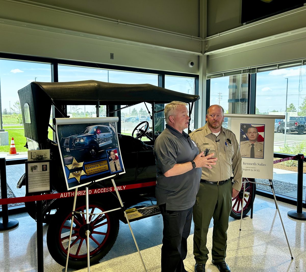 Sheriff John Nowels and Behind the Badge executive director Brian Johnston discuss Thursday, August 14, 2025, how the two organizations are working together to plan a memorial service for Sgt. Kenneth Salas, who died in an accident over the weekend. (Emily White/THE SPOKESMAN-REVIEW)