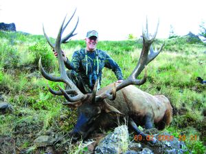 Dan Agnew, of Vancouver, Wash., poses with the monster bull elk he bagged near Dayton on Sept. 2, 2009. The bull was later verified as a Washington state record. Photo courtesy of Dan Agnew (Photo courtesy of Dan Agnew / The Spokesman-Review)