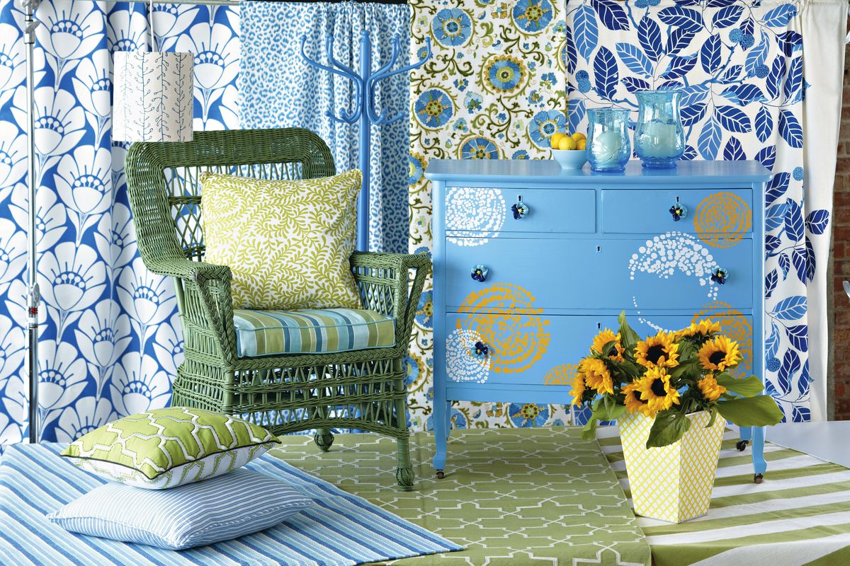 Rub-on decals in yellow and white along with pansy-shaped ceramic knobs button-up the look of the dresser. More and more homeowners are going the extra mile to save money by refurbishing tables, chairs and couches themselves.