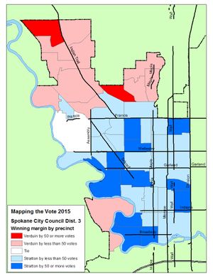 This is a map of the vote margins in each precinct in the Spokane Council District 3 race based on the vote count on Election Night (Jim Camden/Spokesman-Review)