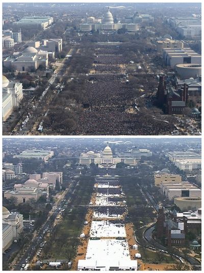 This pair of photos shows a view of the crowd on the National Mall at the inaugurations of President Barack Obama, above, on Jan. 20, 2009, and President Donald Trump, below, on Jan. 20, 2017. The photo above and the screengrab from video below were both shot shortly before noon from the top of the Washington Monument. (Associated Press)