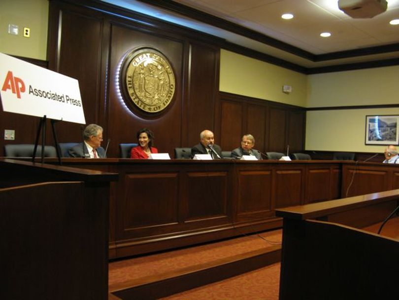 From left, House Minority Leader John Rusche, D-Lewiston, Senate Minority Leader Kate Kelly, D-Boise, Senate President Pro-Tem Bob Geddes, R-Soda Springs, and House Speaker Lawerence Denney, R-Midvale, address the press at the AP Legislative Preview in Boise. (Betsy Russell)