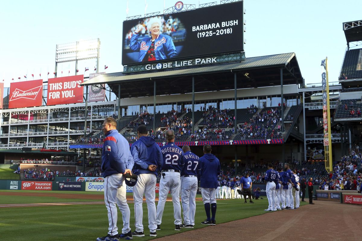 Former first lady Barbara Bush, who died earlier this week, is honored with a moment of silence before a baseball game between the Seattle Mariners and the Texas Rangers on Friday, April 20, 2018, in Arlington, Texas. (Richard W. Rodriguez / Associated Press)