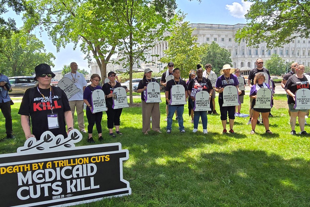 Protesters from Service Employees International Union — a large labor union representing health care workers — gathered outside the U.S. Capitol in Washington, D.C., in near-100-degree heat on Monday, June 23, 2025, to express their displeasure with congressional Republicans’ plans to make cuts to Medicaid as part of President Donald Trump’s “One Big Beautiful Bill.” (Phil Galewitz/KFF Health News/TNS)