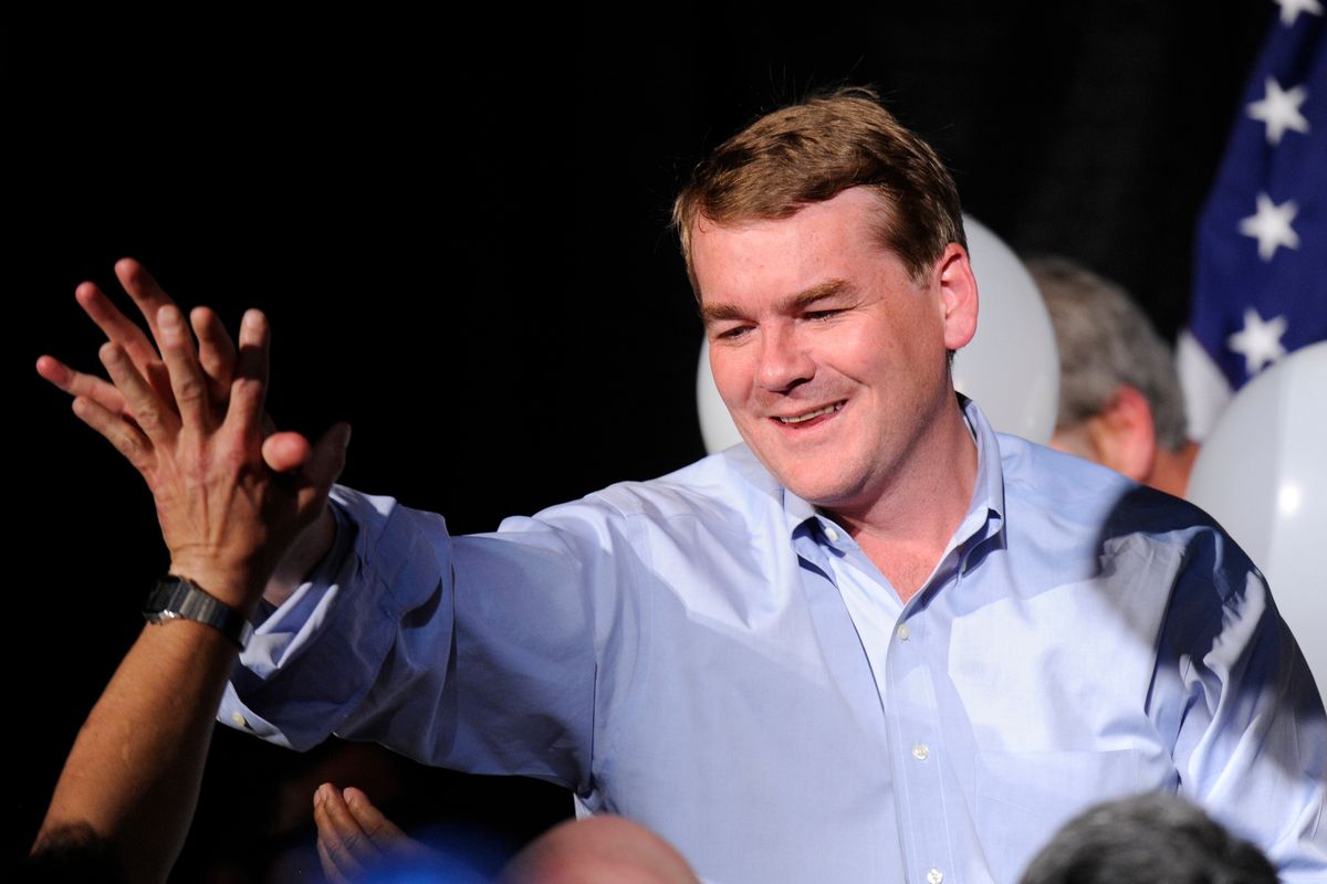 Appointed Sen. Michael Bennet celebrates winning the Colorado Senate primary in Denver on Tuesday.  (Associated Press)
