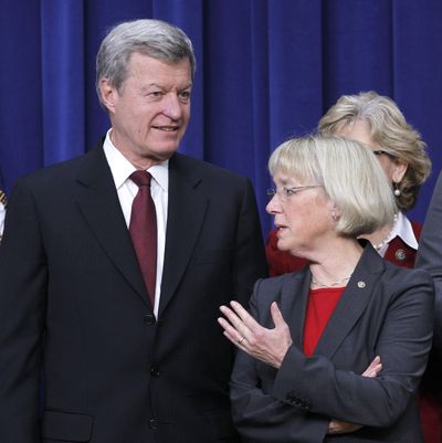 Supercommittee member Senate Finance Committee Chairman Sen. Max Baucus, D-Mont., left, talks with supercommittee Co-Chair Sen. Patty Murray, D-Wash., at the White House complex in Washington on Monday. (Associated Press)