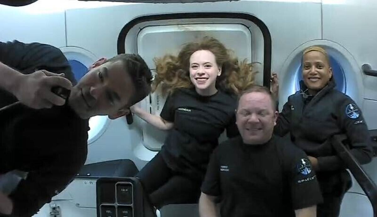 This photo provided by SpaceX shows the passengers of Inspiration4 in the Dragon capsule on their first day in space. They are, from left, Jared Isaacman, Hayley Arceneaux, Chris Sembroski and Sian Proctor. SpaceX got them into a 363-mile (585-kilometer) orbit following Wednesday night’s launch from NASA