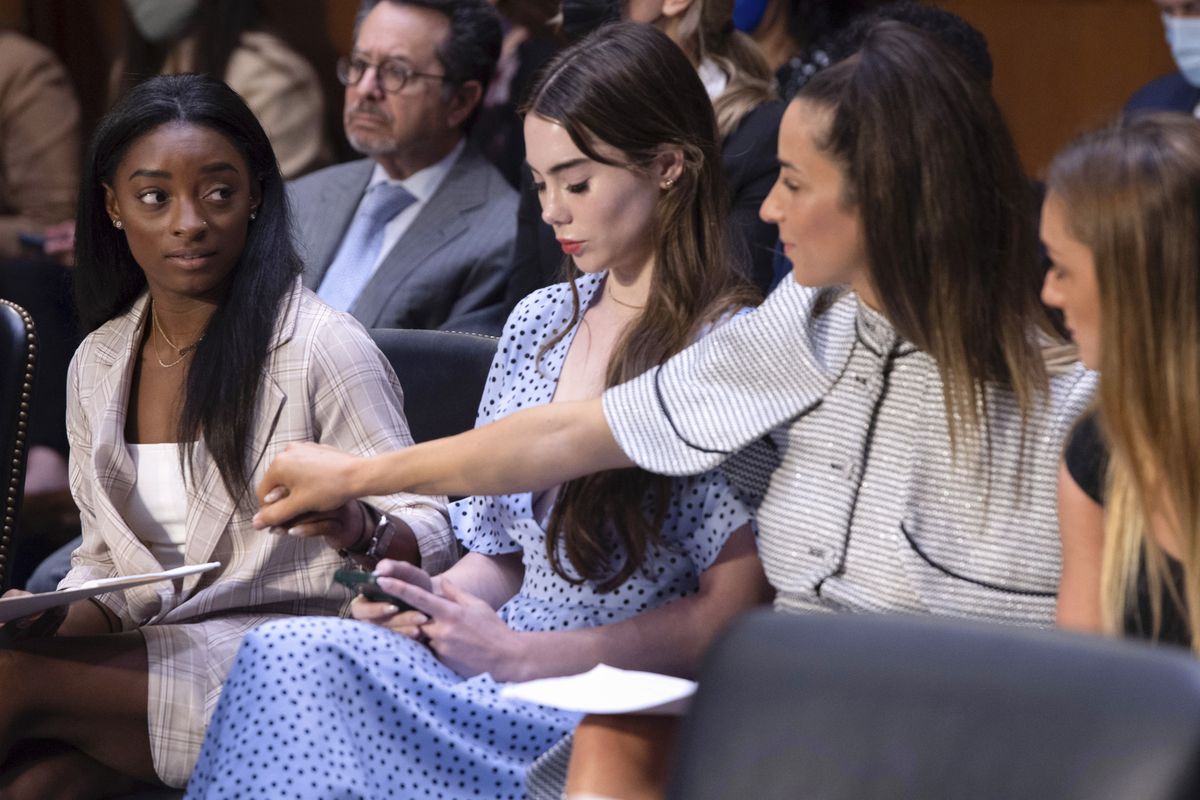 United States gymnasts from left, Simone Biles, McKayla Maroney, Aly Raisman and Maggie Nichols, arrive to testify during a Senate Judiciary hearing about the Inspector General