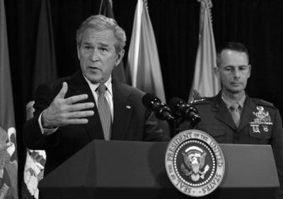 President Bush, accompanied by Joint Chiefs Chairman Gen. Peter Pace, speaks at the Pentagon about Iraq war policy on Thursday. 