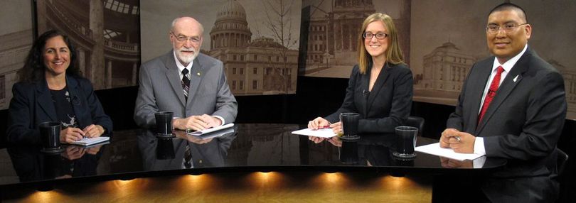 From left, Betsy Russell, Jim Weatherby, and co-hosts Melissa Davlin and Aaron Kunz on Idaho Public Television's 