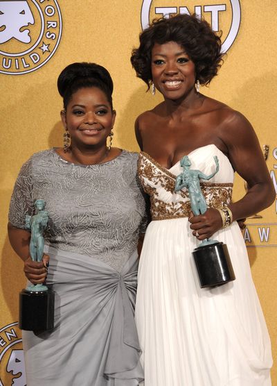 Octavia Spencer and Viola Davis pose with their SAG awards Sunday. (Associated Press)