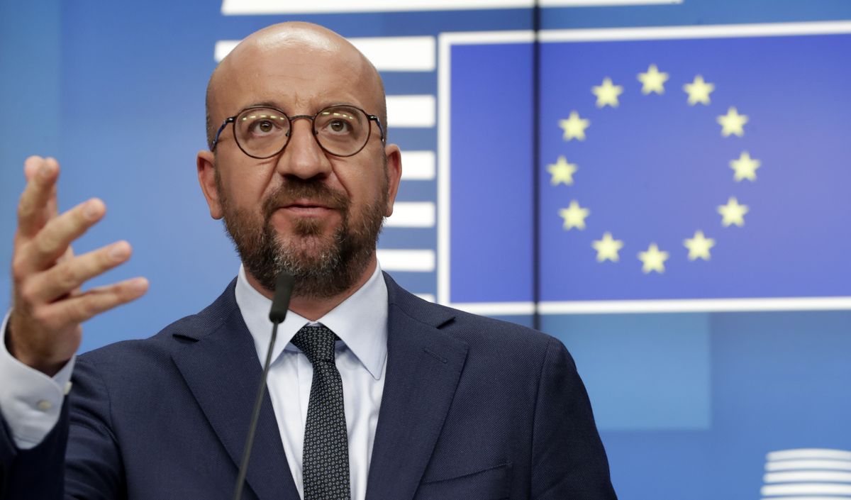 European Council President Charles Michel speaks during a media conference following an EU summit in video conference format at the European Council building in Brussels, Wednesday, Aug. 19, 2020. European Union leaders on Wednesday said they stand beside people in Belarus protesting for their democratic rights, underlining that the EU rejects the election results that swept President Alexander Lukashenko back into power and is preparing a list of several people that face sanctions over vote fraud and the crackdown that followed.  (Olivier Hoslet)