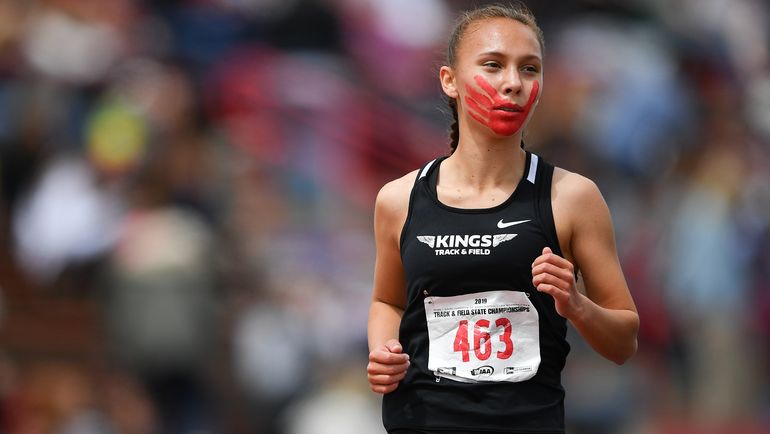 Rosalie Fish of Muckleshoot Tribal raised awareness for Indigenous women during the State 1B track and field championships in Cheney during May 2019. (Tyler Tjomsland/THE SPOKESMAN-REVIEW)