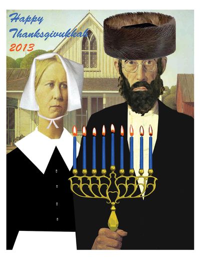 Artwork from ModernTribe.com celebrates Thanksgiving and Hanukkah. (Associated Press)
