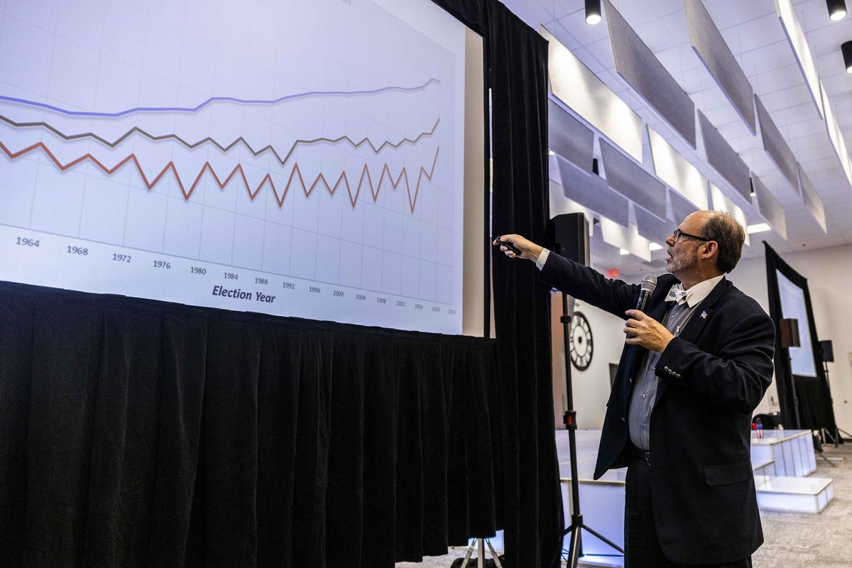 Douglas Frank presents a graph to attendees as he delivers a speech at the RV Inn Style Resort Convention Center on Sept. 8, 2022. Seth Keshel and Douglas Frank falsely claim that Donald J. Trump won the election.    (Daniel Kim/The Seattle Times/TNS)