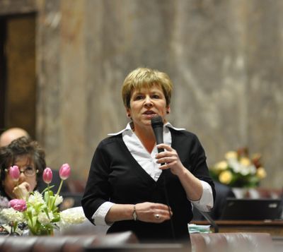 OLYMPIA -- Sen. Lisa Brown, D-Spokane, debates an amendment to add money for family planning back into a Republican budget proposal. The amendment failed.