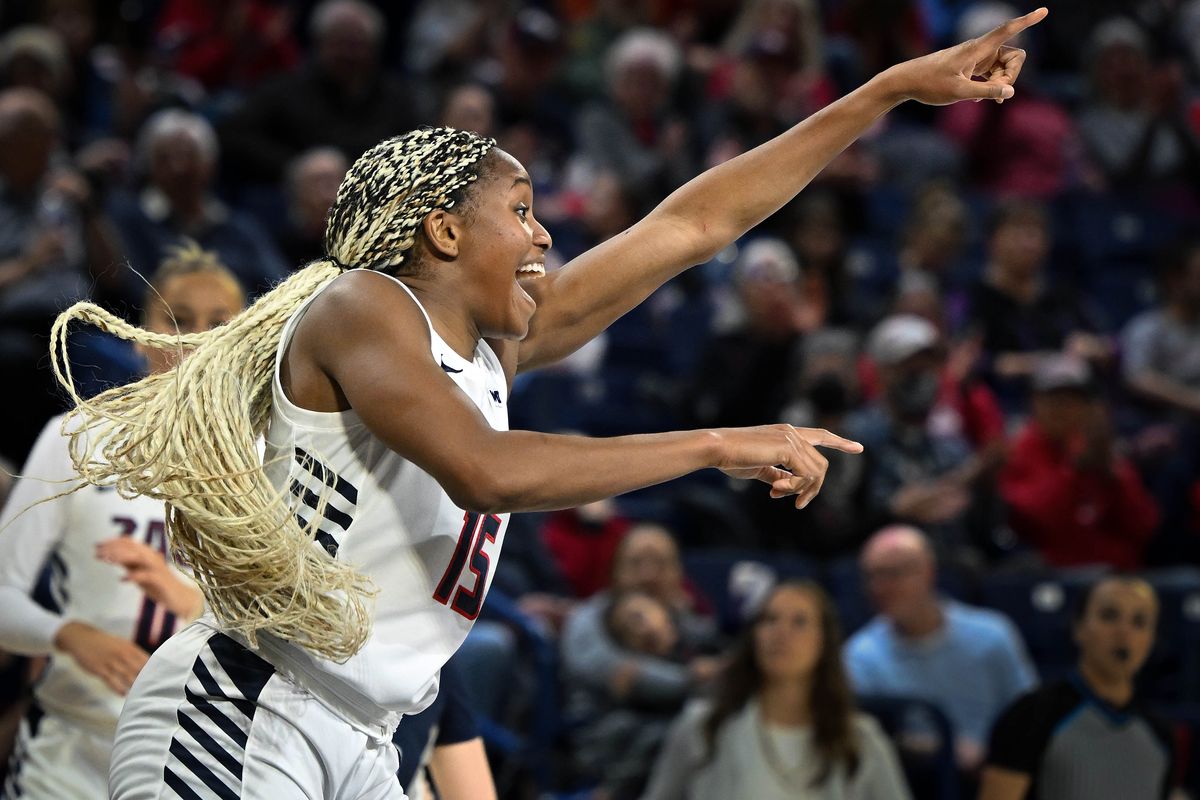 Gonzaga forward Yvonne Ejim (15) celebrate a score during the second half of a NCAA college basketball game with North Florida, Wednesday, Nov. 15, 2023, in the McCarthey Athletic Center.  (COLIN MULVANY/THE SPOKESMAN-REVIEW)