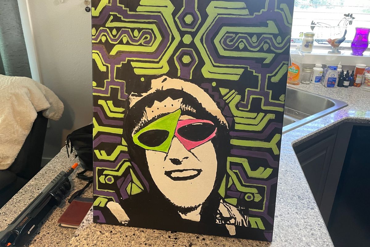 A painting by a friend of Michael Bryson was designed to represent his love of EDM music.  (Louis Krauss/Register-Guard)