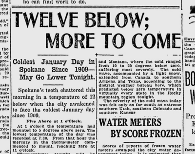 It was the coldest January day in 13 years on this date 100 years ago, with at least one Spokanite complaining the weather had frozen his toes.  (S-R archives)