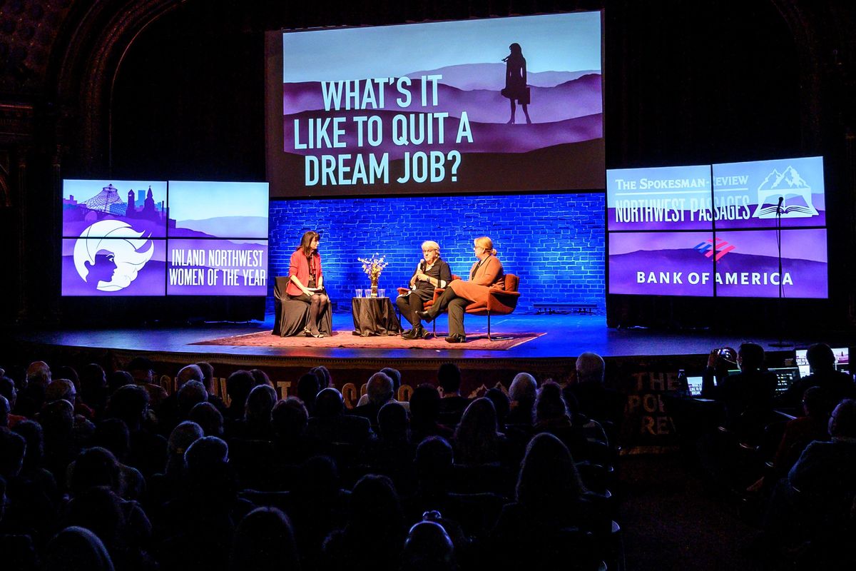 Mary Cullinan, president of Eastern Washington University on far left, talks with Karen Wickre, center, author of “Making Life Work on Your Terms,” and Tess Vigeland, a former reporter and host for the public radio business magazine Marketplace, during the Northwest Passages Inland Northwest Women of the Year event on Nov. 14, 2019, at the Bing Crosby Theater.  (COLIN MULVANY/THE SPOKESMAN-REVIEW)