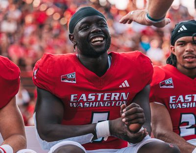 Eastern Washington running back Tuna Altahir reacts during Saturday’s nonconference game against Drake in Cheney.  (Courtesy of EWU Athletics)