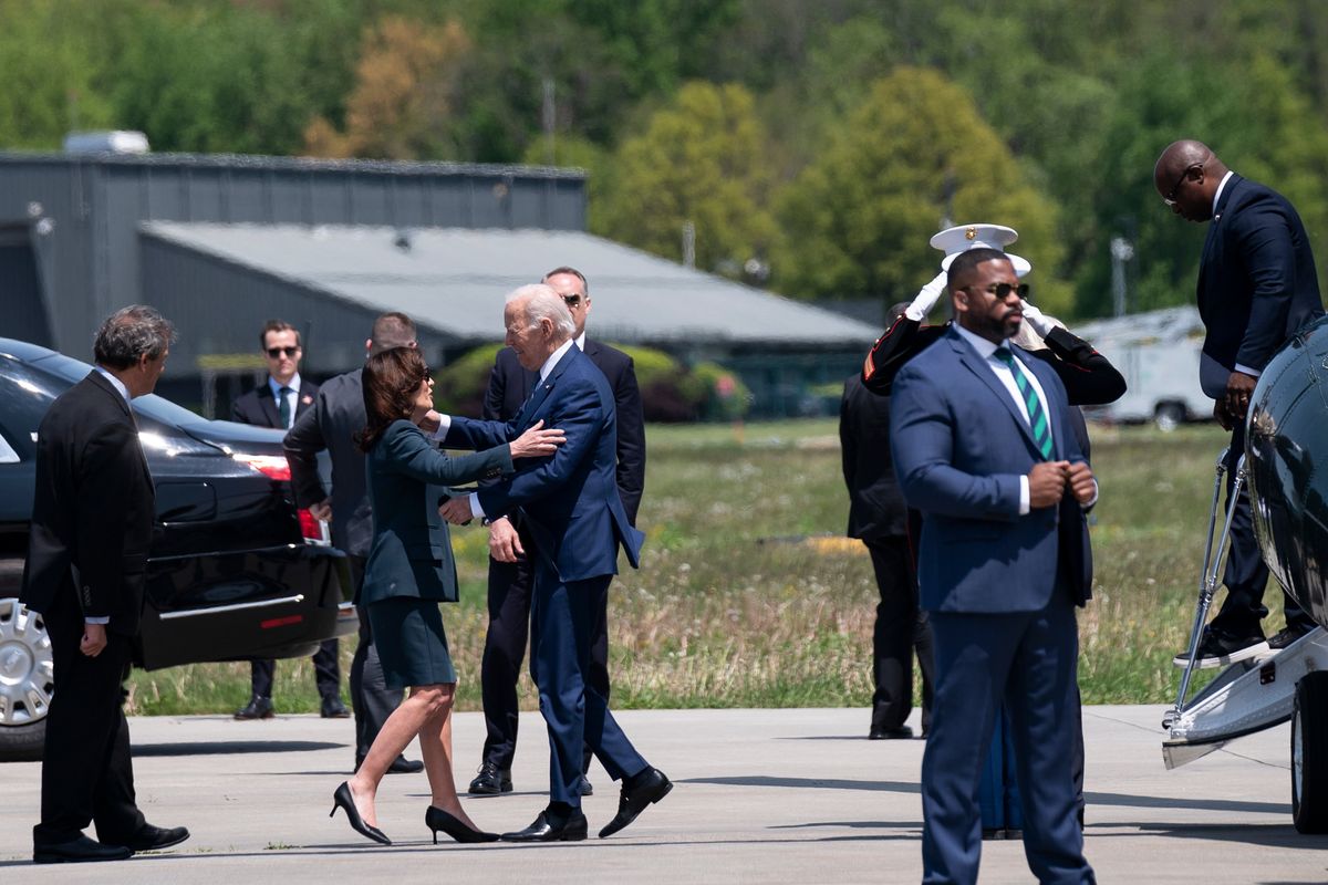 Gov. Kathy Hochul of New York, a fellow Democrat, greets President Joe Biden at the Westchester Airport in Westchester, N.Y. on May 10, 2023. The trip seemed aimed at least in part at peeling off even a few House Republicans to force Speaker Kevin McCarthy