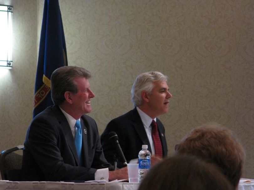 Gov. Butch Otter, left, and challenger Keith Allred, right, debate on Wednesday (Betsy Russell)