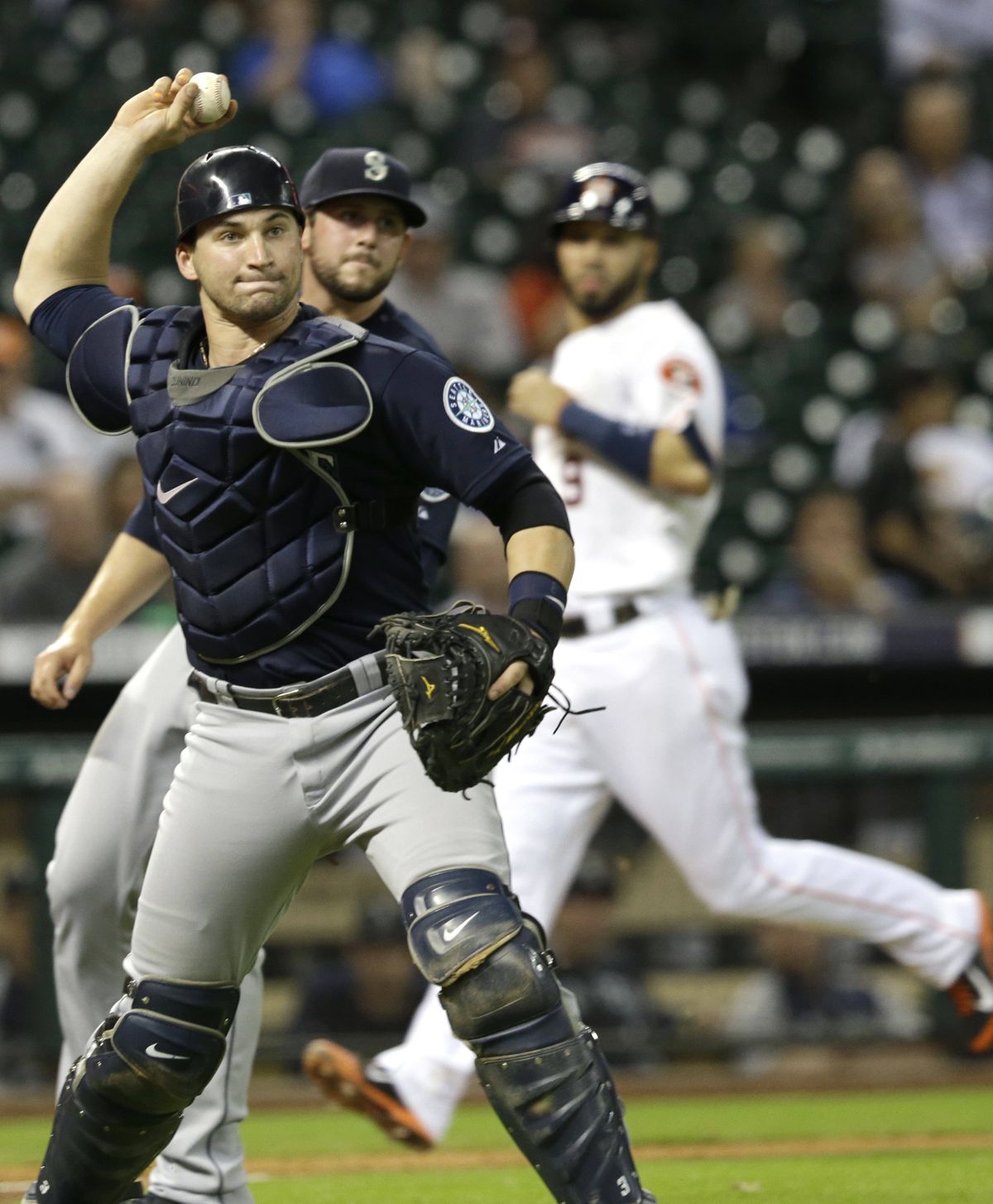 Catcher Mike Zunino had one of the Mariners’ five doubles in the sixth inning on Tuesday. (Associated Press)