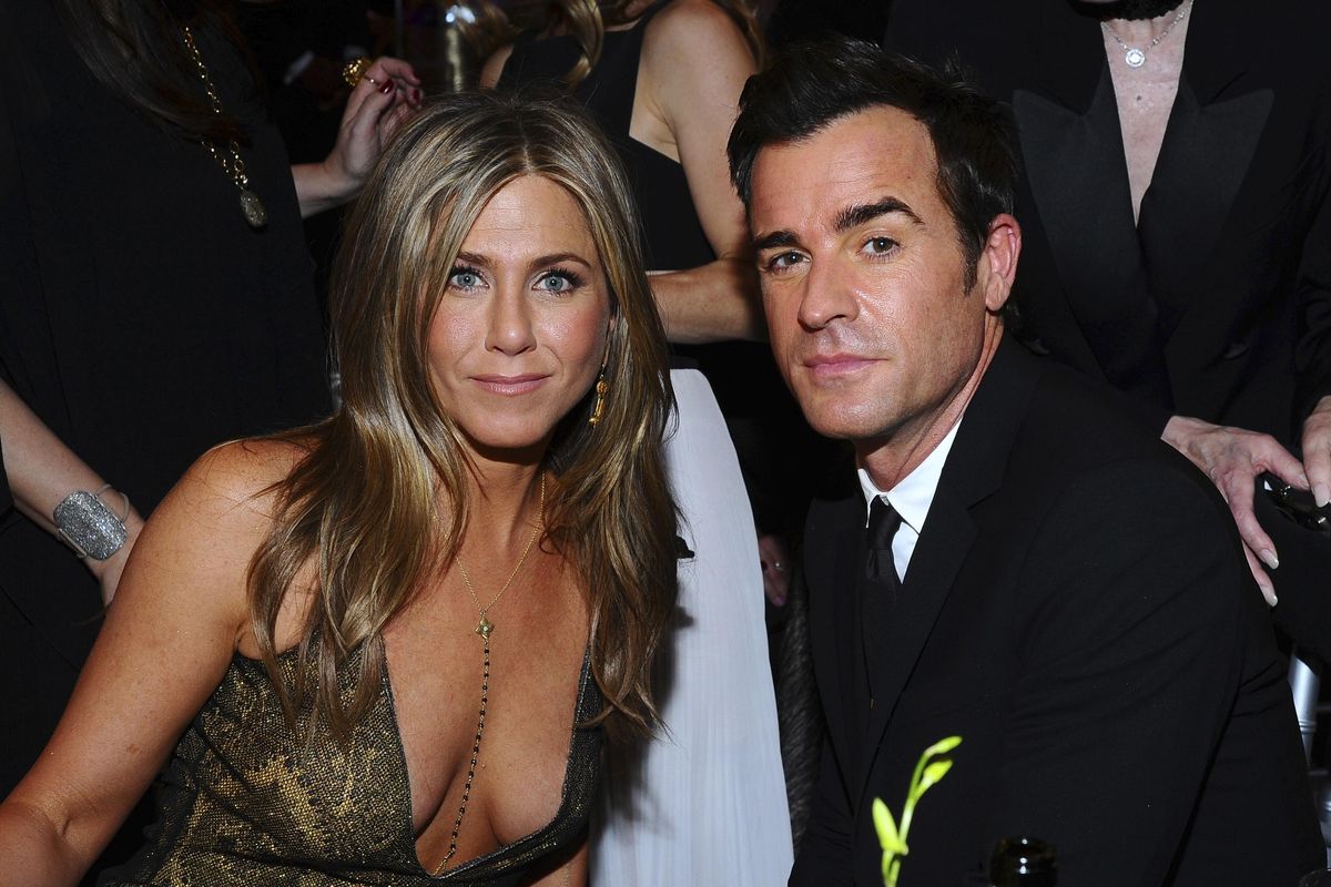 In this Jan. 25, 2015, file photo, Jennifer Aniston, left, and Justin Theroux are seen in the audience at the 21st annual Screen Actors Guild Awards in Los Angeles. The couple announced Thursday, Feb. 15, 2018, that they have separated. (Vince Bucci / Invision/Associated Press)