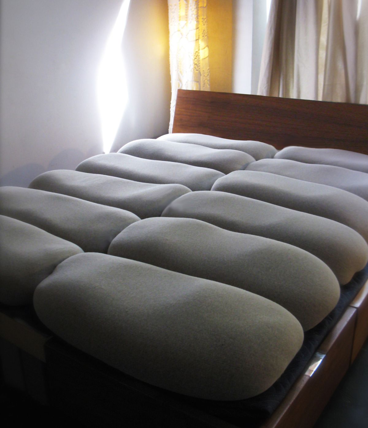 Former interior designer Lynn Cimino’s creation of the Twist mattress – components include cotton covers and buckwheat hulls that you self-assemble by filling the covers with the hulls and twisting and tying.