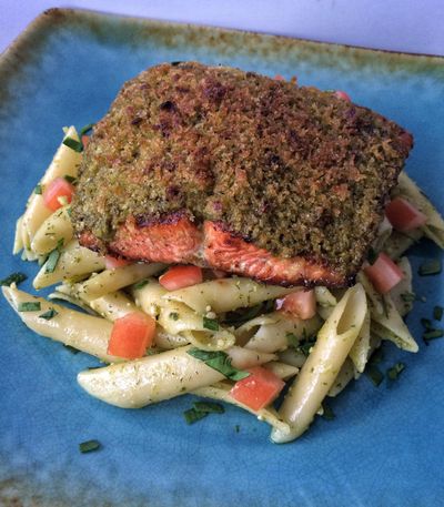 This pesto-crusted salmon, served on a bed of pesto-dill penne pasta, is one of Audrey Alfaro’s go-to dishes. (Audrey Alfaro / Audrey Alfaro)
