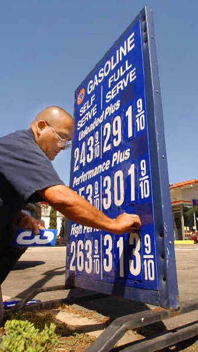 
Service station attendant Nick Ochoa changes the prices on the sign in Santa Barbara, Ca. Tuesday. The price was changed from $3.11 a gallon for full service to $3.13. Service station attendant Nick Ochoa changes the prices on the sign in Santa Barbara, Ca. Tuesday. The price was changed from $3.11 a gallon for full service to $3.13. 
 (Associated PressAssociated Press / The Spokesman-Review)