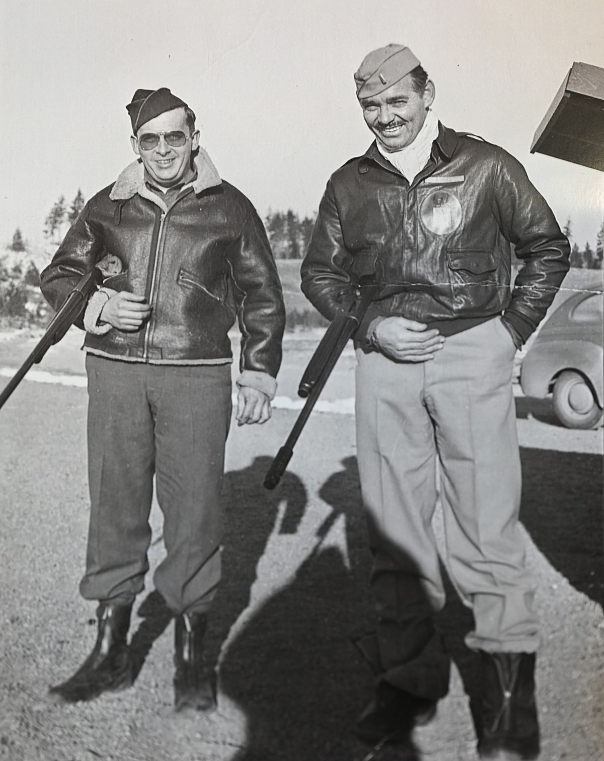 Merrill W. “Bill” Willan, left, stands next to movie idol Clark Gable during gunnery training at Camp Seven Mile in January 1943. Gable flew five missions in Europe aboard bombers. This photo and others were recently donated to the historical archives at Fairchild Air Force Base, proving once and for all that Gable took training in Spokane for several weeks before shipping out for Europe.  (Fairchild Air Force Base archive)