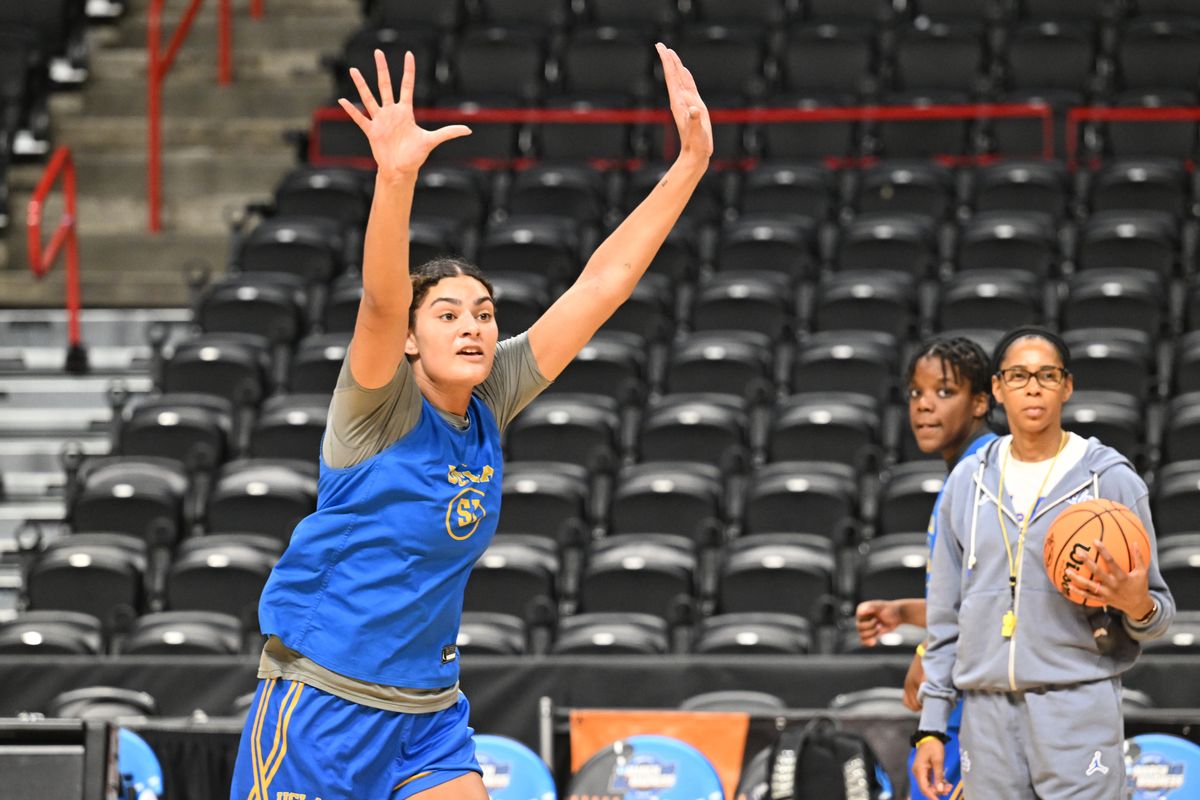 The long arms of Lauren Betts, the 6’7” center for the UCLA Bruins women’s basketball team, will present challenges to the other teams who want to move on in the NCAA Tournament, shown during practice Thursday, Mar. 27, 2025 in the Spokane Arena as eight college teams tune up for the third and fourth rounds of the NCAA Tournament in Spokane, Washington. (Jesse Tinsley/THE SPOKESMAN-REVI)