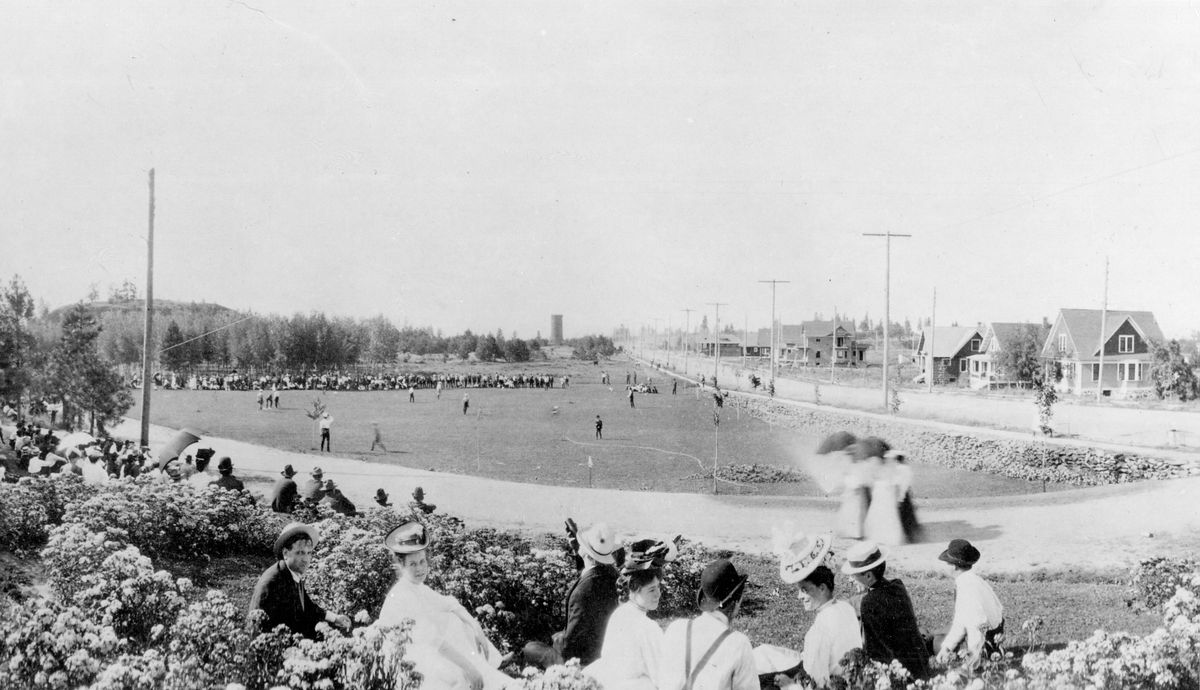 1906: Manito Park began as a natural area in the middle of Montrose Park housing development on Spokane’s South Hill in 1887. Pioneer newspaper editor and businessman Francis Cook also built a streetcar line, the Spokane and Montrose Motor Railroad, to the area so he could sell home sites. Cook lost his property and the streetcar line in the 1890s to foreclosure, but the Spokane-Washington Improvement Company took over the land and changed the name to Manito around 1903. Through the early 1900s, the large park with gardens, paths and sports fields and courts became a hub of leisure activities, especially on weekends when the park was filled with picnickers and games. (Northwest Room/Spokane Public Library)