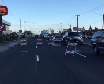 Scene where pickup struck a pedestrian on Division at Rhoads Avenue about 5:30 a.m. Wednesday, Sept. 28, 2016. (Spokane Police Department)