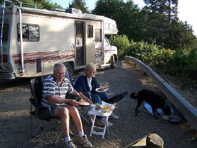 
Frank and Rosemary Schofhauser, and their dog Roxy, break for dinner at the Anderson Viewpoint in Cape Lookout State Park on the Oregon Coast. 
 (Courtesy of Frank and Rosemary Schofhauser / The Spokesman-Review)