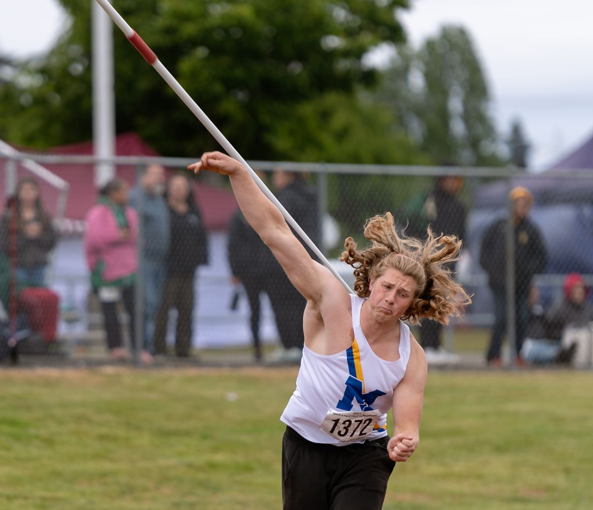 Mead’s Evan Berg launches a throw of 190 feet, 6 inches in the State 3A boys javelin on Fridayin Tacoma. Berg’s mark topped the field by more than 20 feet.  (Joshua Hart/For The Spokesman-Review)