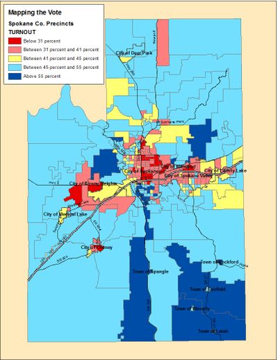 This is a map of turnout in Spokane County for the 2013 general election (Jim Camden)