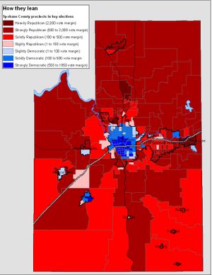This is a map of the partisan split in Spokane County based on key results of the 2008 and 2010 election results (Jim Camden)