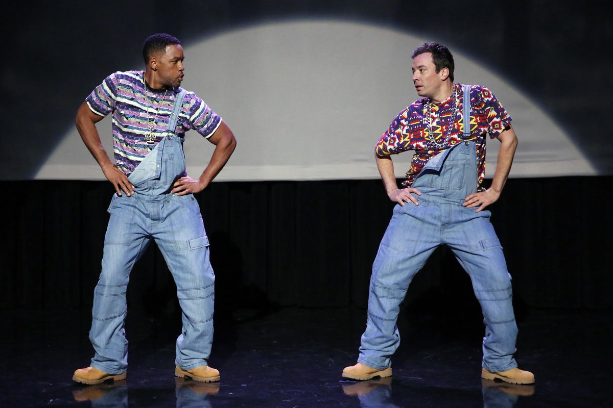 Will Smith and Jimmy Fallon act out the evolution of hip-hop dancing on the premiere of “The Tonight Show Starring Jimmy Fallon.” (Associated Press)
